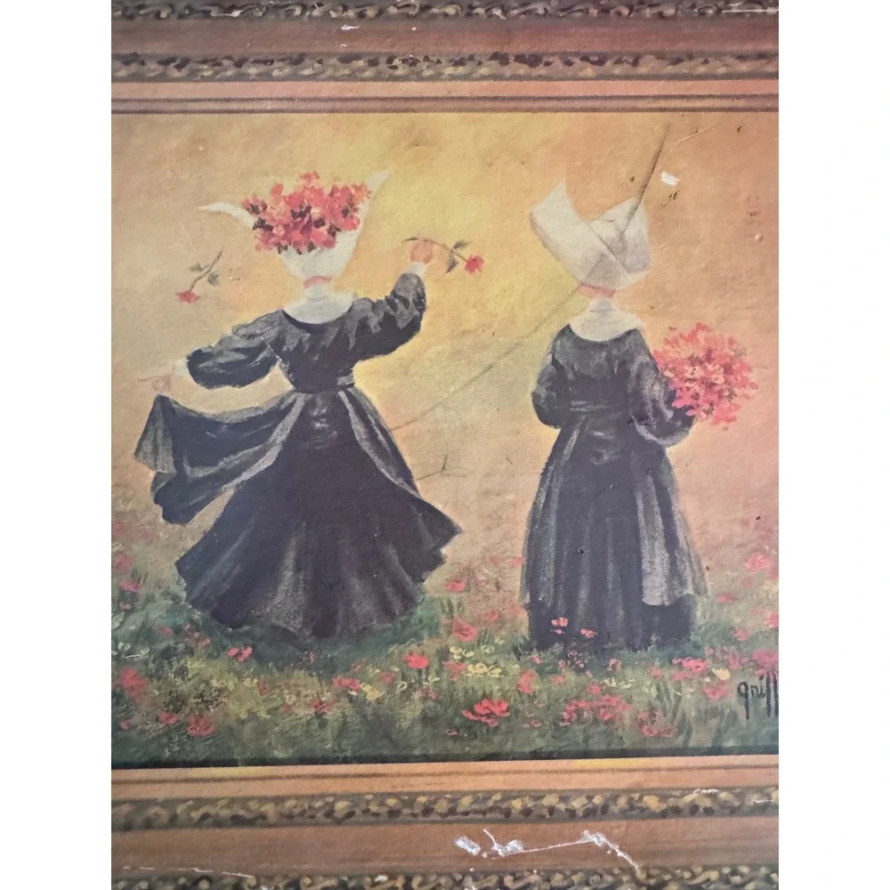 Vintage Griffin Folk Art Wood Block Print Figures in Meadow Flowers Wall Decor